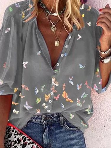 Colorful Butterfly Print Chiffon Long Sleeve Shirt - Modetalente - Modalova
