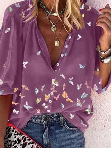 Colorful Butterfly Print Chiffon Long Sleeve Shirt - Modetalente - Modalova