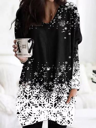 Casual Snow Floral Print Long Sleeve V-Neck Tunic Tops - Just Fashion Now UK - Modalova