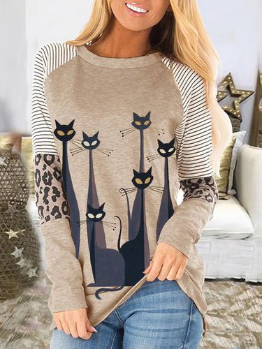 Round Collar And Leopard Print Patchwork Top, Cute Cat T-shirt - Just Fashion Now - Modalova