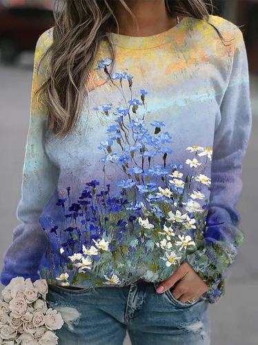 Round Neck Casual Floral Loosen Sweatshirt - Just Fashion Now UK - Modalova