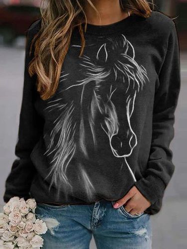 Horse Printed Raglan Sleeve Crew Neck Casual Sweatshirt - Just Fashion Now - Modalova