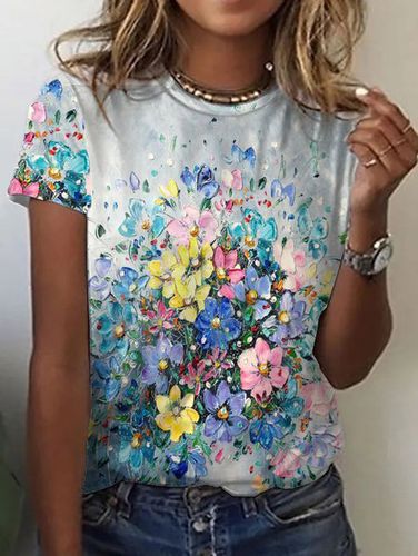 Floral Crew Neck Cotton Blends T-shirt - Just Fashion Now - Modalova