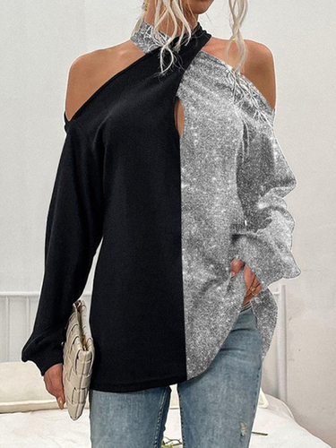 Long sleeve hanging neck off shoulder plain color stitching shiny gorgeous fabric party top Gliter Sequins - Just Fashion Now - Modalova