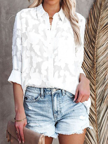 Solid Shirt Collar Buttoned Long Sleeve Blouse - Zolucky - Modalova