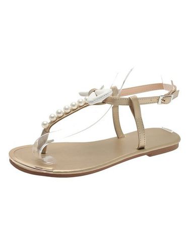 Ladies Pearl Bow Round Toe Thong Roman Shoes Lightweight Flat Sandals - Zolucky - Modalova