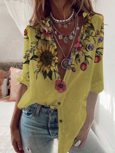 Sun Flower Print Shirt Long Sleeve Loose Holiday Shirt - Just Fashion Now - Modalova