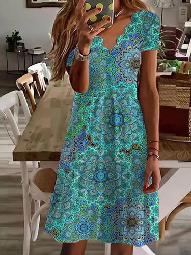 Paisley V Neck Loosen Short Sleeve Knit Dress - Just Fashion Now - Modalova