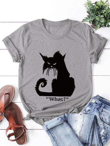 Women's Cat Print Crew Neck Casual Short Sleeve T-Shirt - Just Fashion Now - Modalova