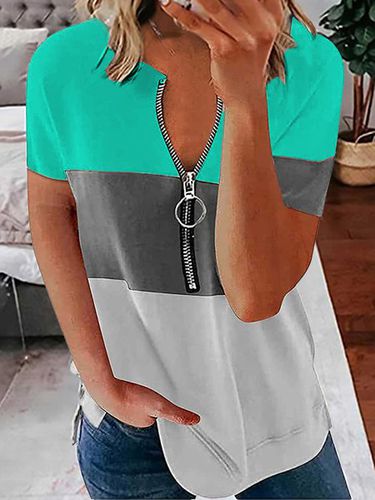 Casual Loosen Color Block Short Sleeve T-Shirt - Just Fashion Now - Modalova