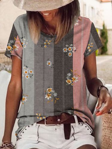 Vintage stripe floral print loose Pullover T-shirt - Just Fashion Now - Modalova