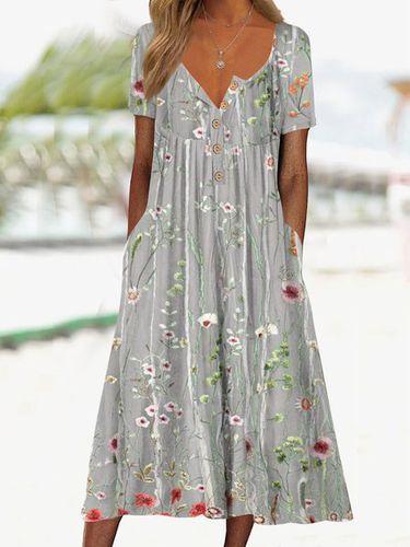 Gradient flower loose holiday half open button pocket a hem Long Dress - Just Fashion Now - Modalova