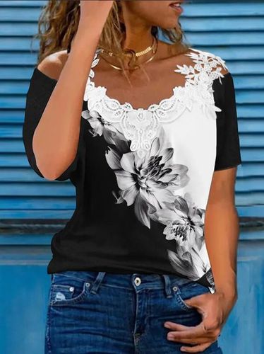 Floral Print Colorblock Contrast Lace Cold Shoulder Top - Just Fashion Now - Modalova