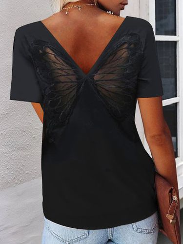 Plain Back Lace Butterfly Patch Short Sleeve T-Shirt - Just Fashion Now - Modalova