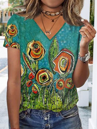 Abstract rose pattern loose holiday flower T-shirt - Just Fashion Now - Modalova
