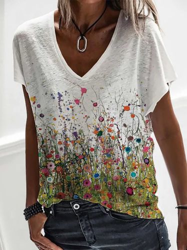 Floral Short Sleeve V Neck Casual T-Shirt - Modetalente - Modalova