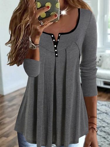 Casual Plain Pleated Contrast Color-block Long-sleeve Jersey Loose Top - Just Fashion Now UK - Modalova