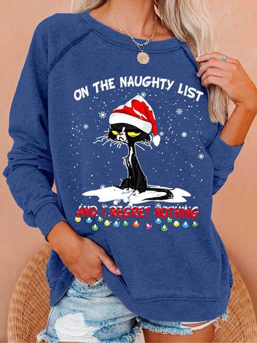 Women Funny Christmas Cat Graphic Loose Simple Sweatshirt - Just Fashion Now - Modalova