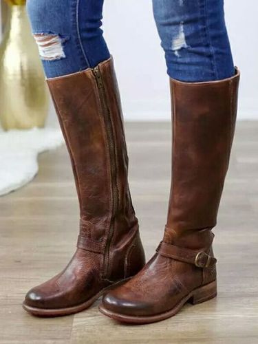 Vintage Round Toe Buckle Tall Boots Chunky Heel Riding Boots - Just Fashion Now UK - Modalova
