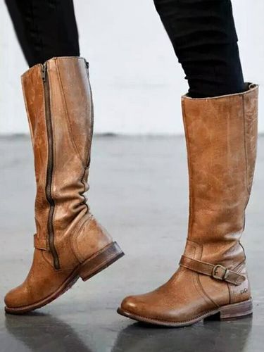 Vintage Round Toe Buckle Tall Boots Chunky Heel Riding Boots - Just Fashion Now UK - Modalova