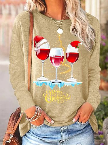 Women Wine Simple Christmas Crew Neck Top - Just Fashion Now - Modalova