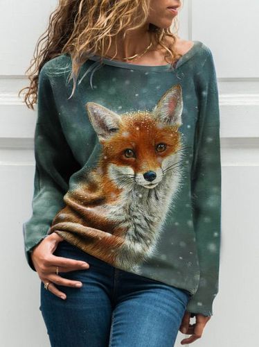 Winter Snow Cute Fox Print Loose T-Shirt - Just Fashion Now - Modalova
