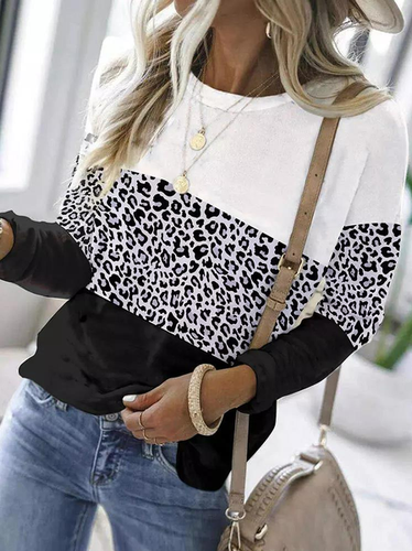Leopard Color Block Long Sleeve Casual Regular Fit T-Shirt - Just Fashion Now - Modalova
