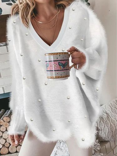 V Neck Casual Plain Pearl Fuzzy Tunic Sweater - Modetalente - Modalova