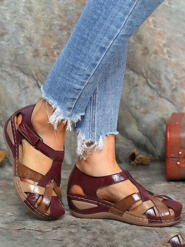 Faux Leather Vintage Contrast Comfortable Velcro Sandals - Just Fashion Now - Modalova