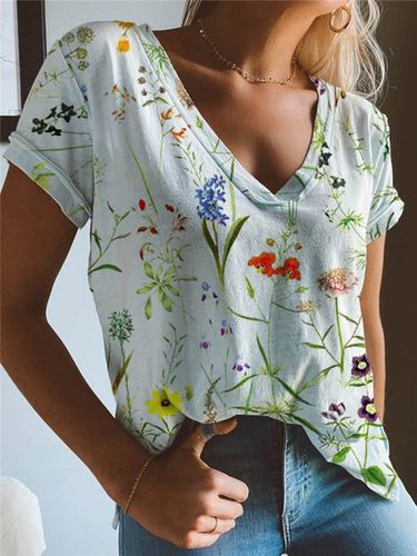 V Neck Floral Short Sleeve T-shirt - Just Fashion Now - Modalova