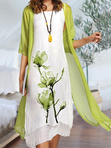 Two Piece Casual Round Neck Floral Print Linen Half Sleeve Solid Short sleeve Woven Dress - Just Fashion Now - Modalova