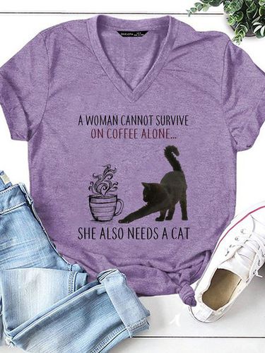 Funny Coffee And Cat Lover V Neck Casual Short Sleeve T-Shirt - Just Fashion Now - Modalova