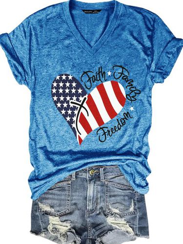 American Flag Print Faith Family Freedom Letter Casual Short Sleeve T-Shirt - Modetalente - Modalova