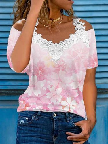 Floral gradient cherry lace loose top T-shirt - Just Fashion Now - Modalova