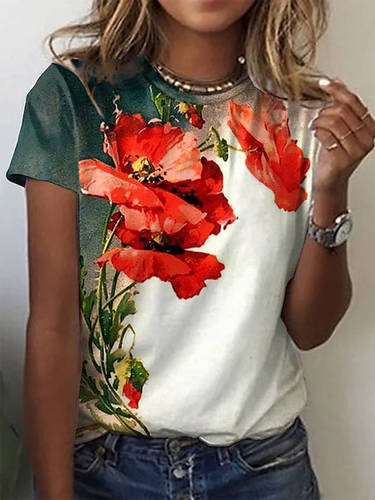 Floral Crew Neck Casual Short Sleeve T-Shirt - Just Fashion Now - Modalova
