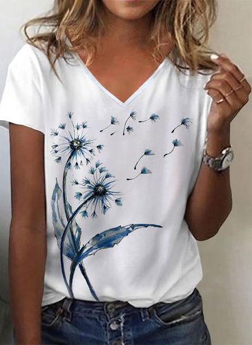 Vacation Dandelion Floral Printed Casual Loosen V Neck Short Sleeve T-Shirt - Modetalente - Modalova