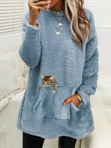 Plush Crew Neck Casual Cat Thermal Dress - Just Fashion Now - Modalova