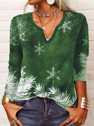 Christmas Long Sleeve V Neck Printed Top T-shirt - Modetalente - Modalova