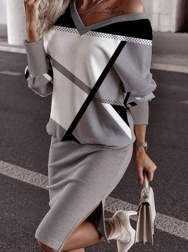 V Neck Knitted Casual Two-Piece Set - Just Fashion Now - Modalova