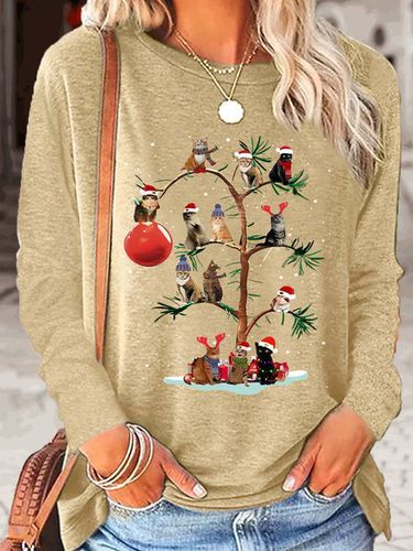 Women's Christmas Cat Tree Crew Neck Casual Top - Just Fashion Now - Modalova
