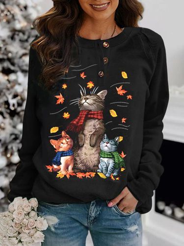 Cute Cat Button Round Neck Casual Sweatshirt - Just Fashion Now UK - Modalova