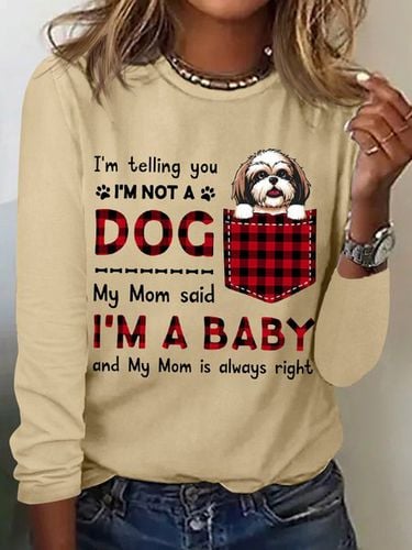 Women's Funny Word I'm A Baby Best Dog Mom Plaid Simple Cotton-Blend Animal Crew Neck Long Sleeve Top - Modetalente - Modalova