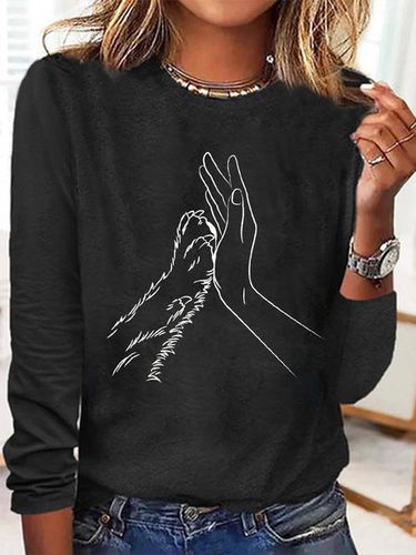 Women's Lover Dog Hand Simple Crew Neck Cotton-Blend Regular Fit Long Sleeve Top - Just Fashion Now - Modalova