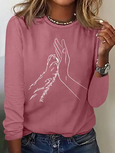 Women's Lover Dog Hand Simple Crew Neck Cotton-Blend Regular Fit Long Sleeve Top - Just Fashion Now - Modalova