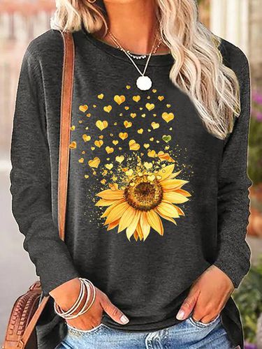 Women's Sunflower Heart Crew Neck Simple Regular Fit Long Sleeve Top - Modetalente - Modalova