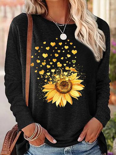Women's Sunflower Heart Crew Neck Simple Regular Fit Long Sleeve Top - Just Fashion Now - Modalova