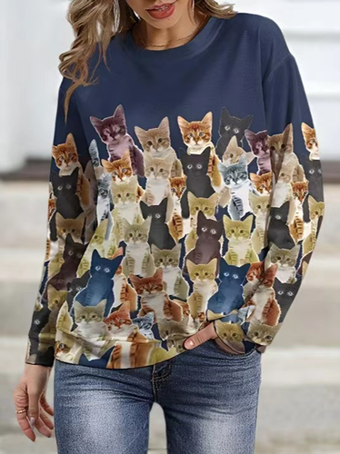 Casual Navy Cat Lightweight Crewneck Sweatshirt - Just Fashion Now - Modalova