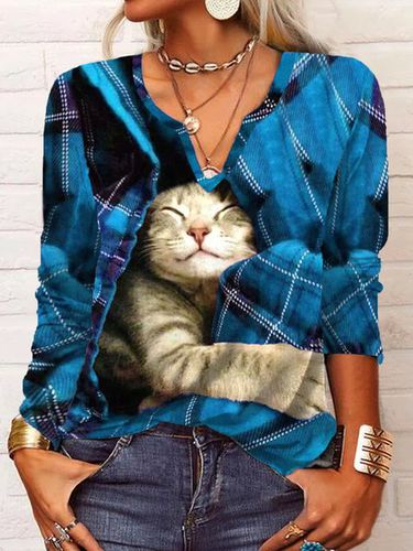 Casual Christmas Plaid Cat Long sleeve V Neck T-Shirt - Modetalente - Modalova