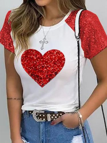 Beaded Regular Fit Heart/Cordate Casual T-Shirt - Just Fashion Now - Modalova