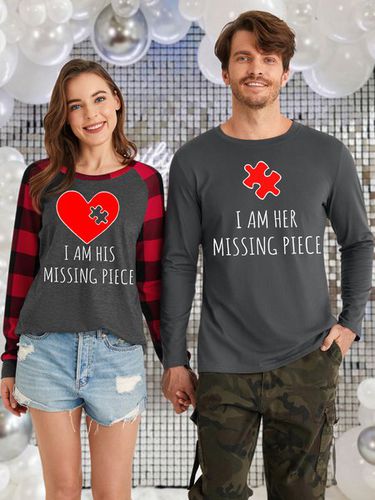 Women's I Am His Missing Piece Funny Valentine's Day Gift Couple Buffalo Plaid Graphic Print Loose Crew Neck Top - Just Fashion Now - Modalova